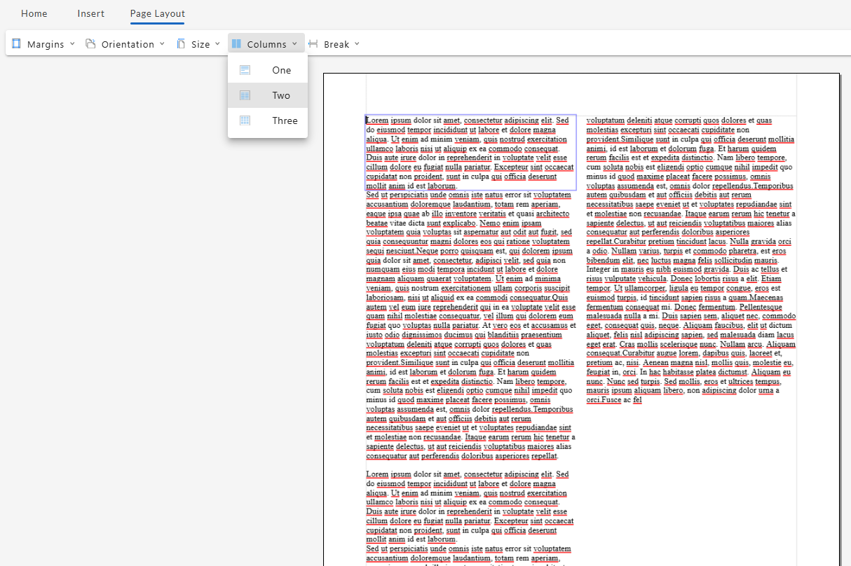 screenshot of a layout > column dropdown