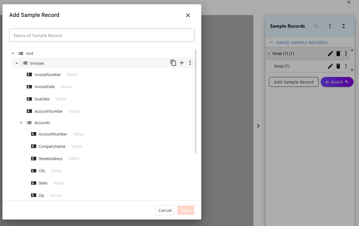 screenshot of sample records panel