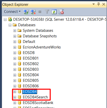 SQL Server Object Explorer showing the EOSDB4 and EOSDB4Search databases