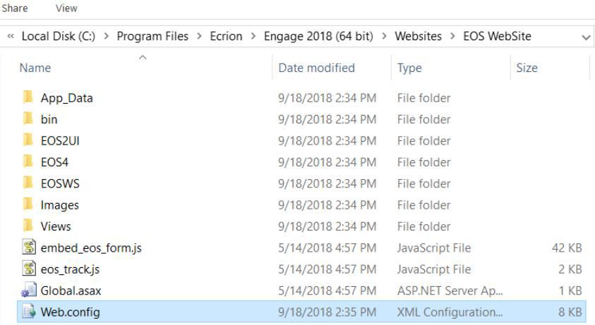 File Explorer showing the EOS WebSite folder contents including Web.config