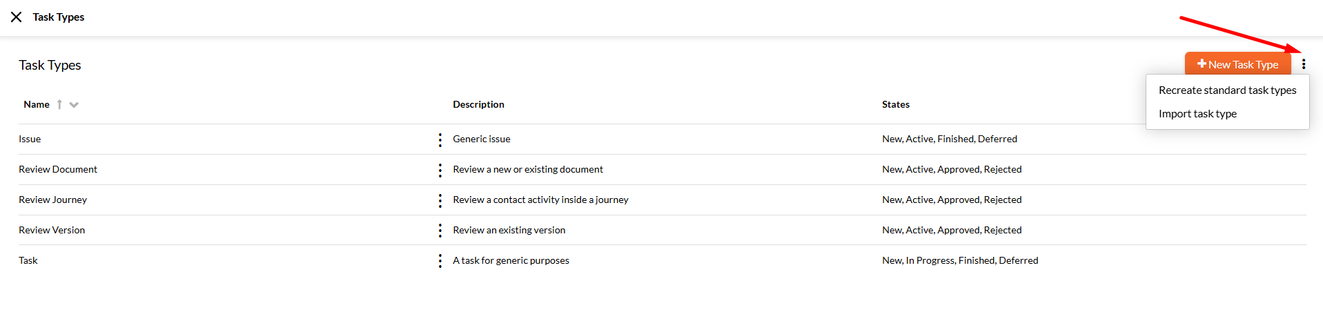 Screenshot of the Import Task Types dialog with the Choose File option
