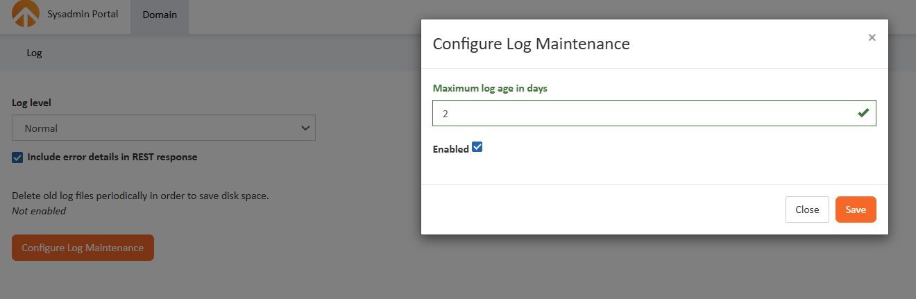 Configure Log Maintenance dialog