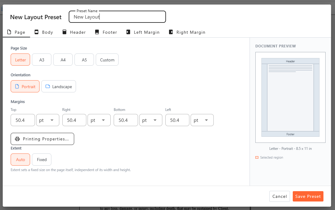 New Layout Preset window