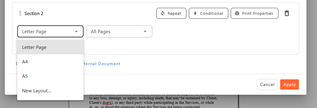 Layout dropdown menu