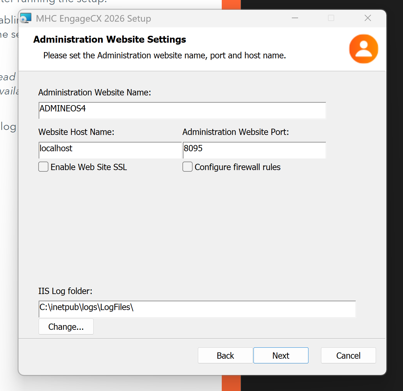 Administration Website Settings screen (Portal Website step)