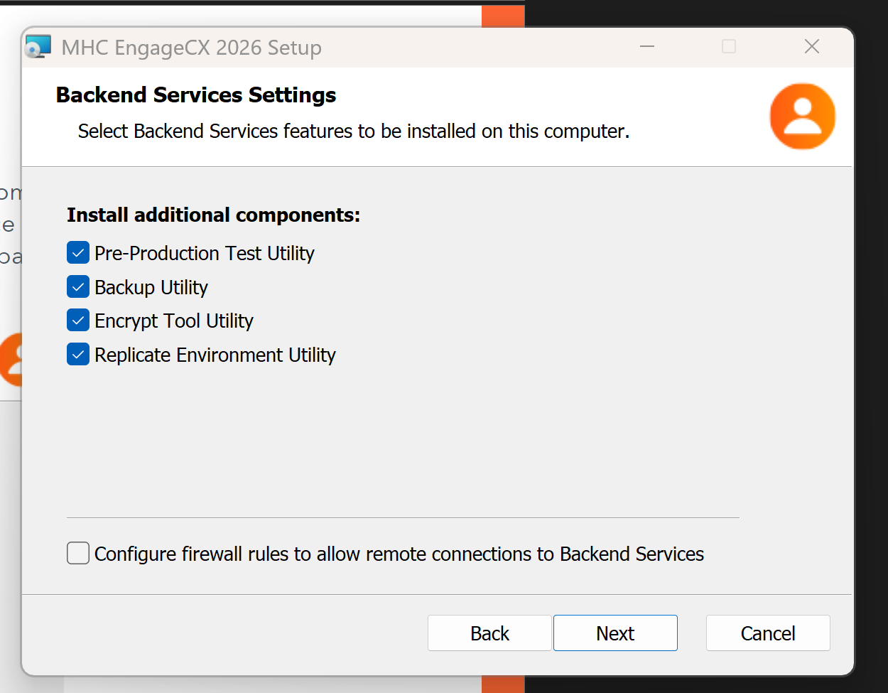 Backend Services Settings screen