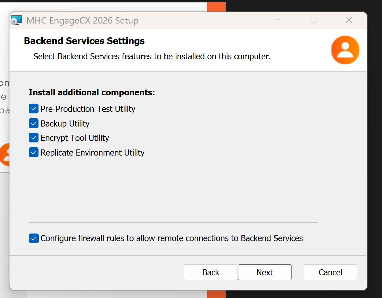 Backend Services Settings screen (Back-End Server)