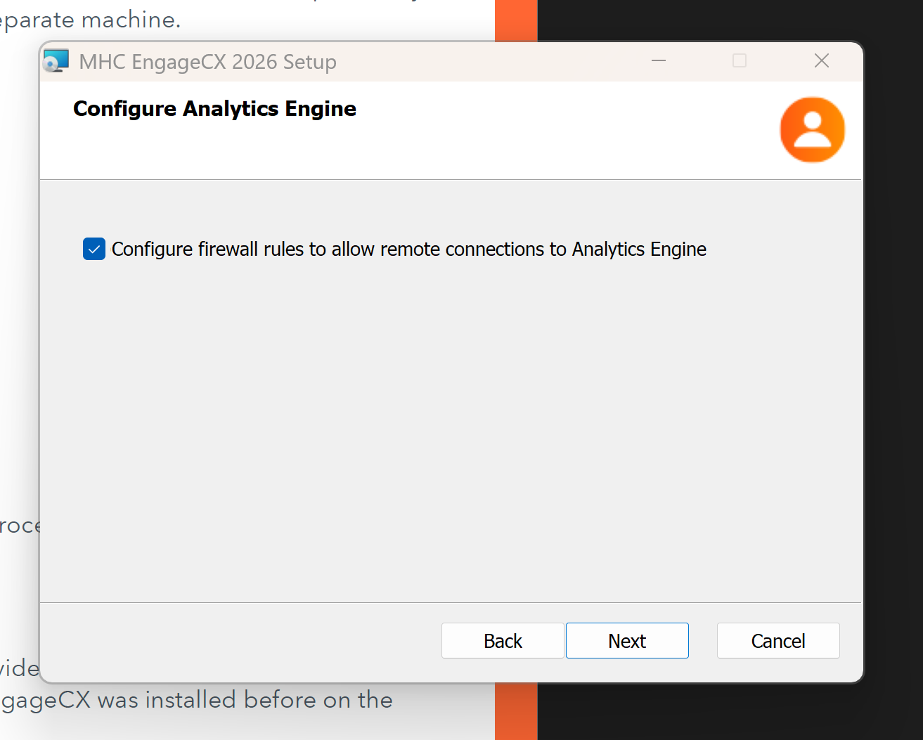 Configure Analytics Engine screen (Back-End Server)
