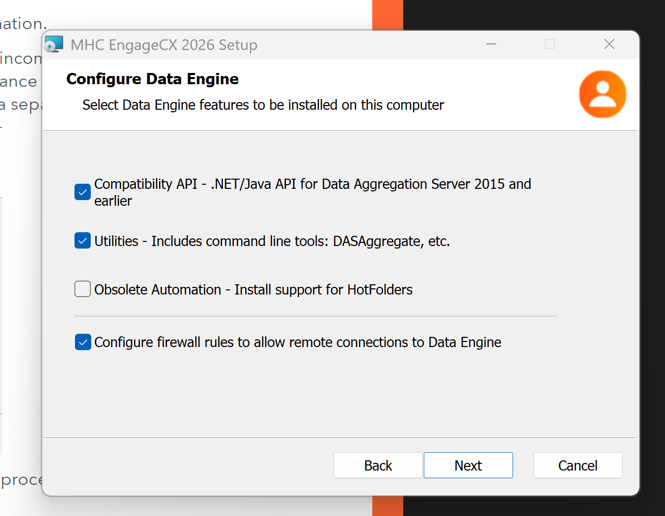 Configure Data Engine screen (Back-End Server)