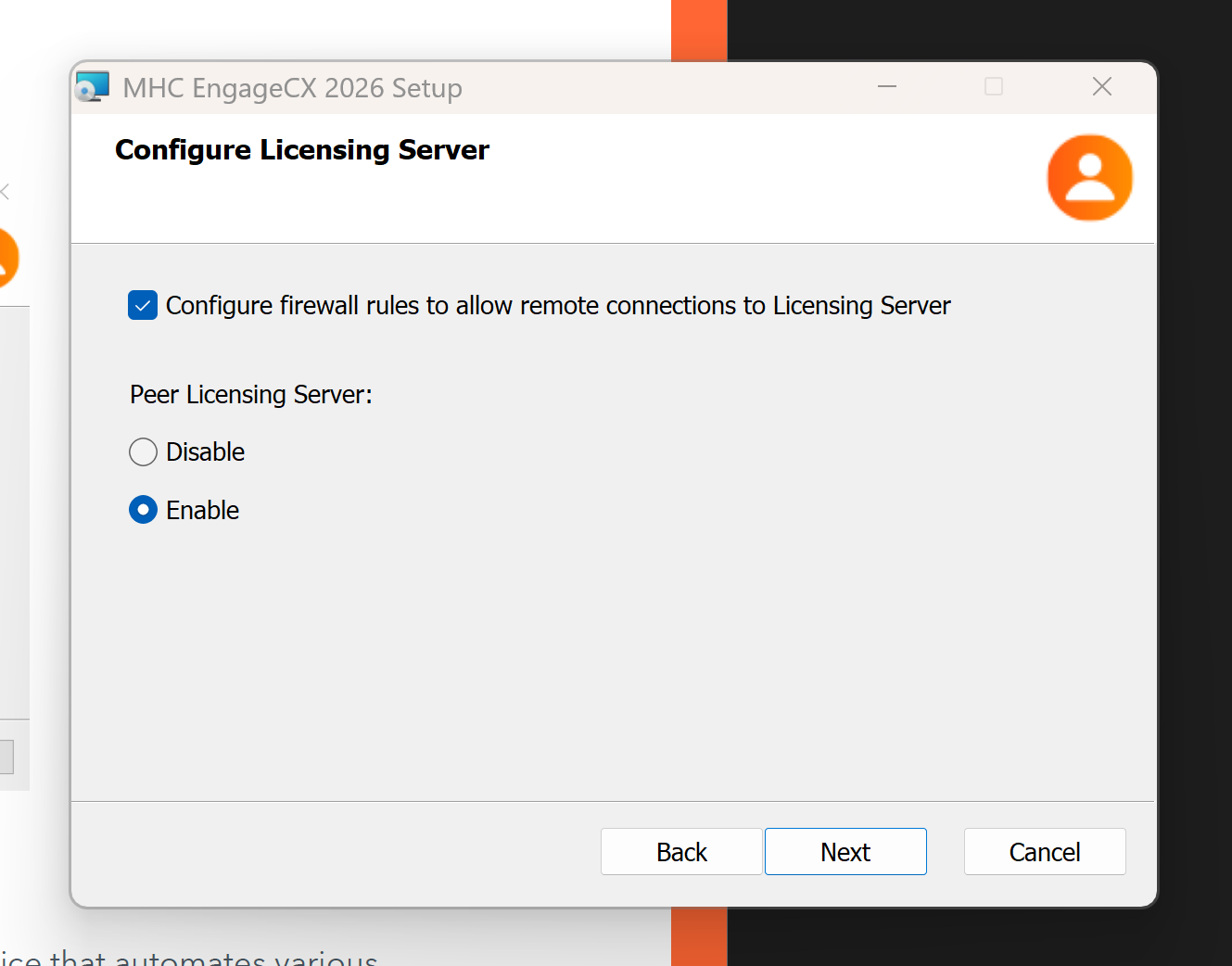 Configure Licensing Server screen (Back-End Server)