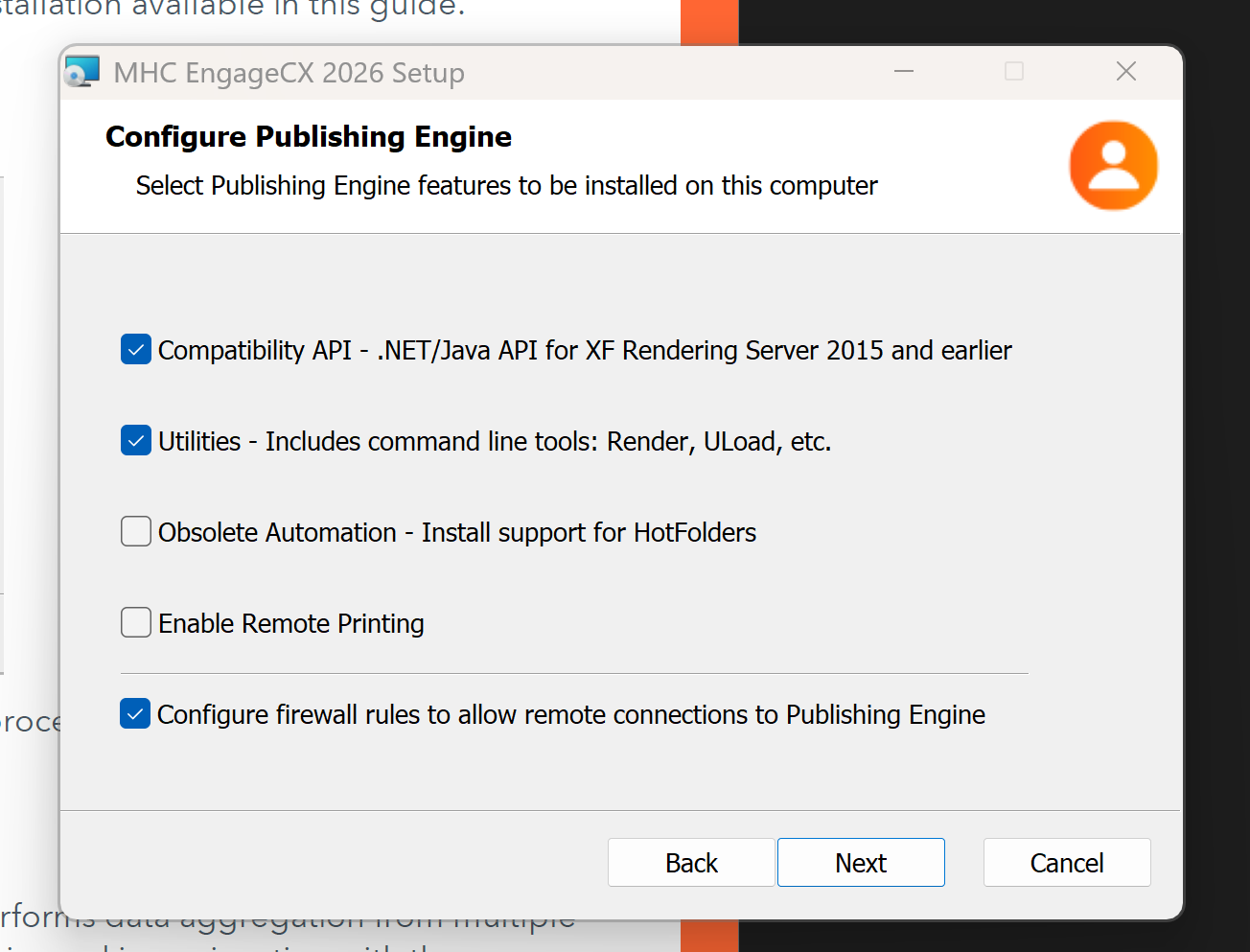 Configure Publishing Engine screen (Back-End Server)