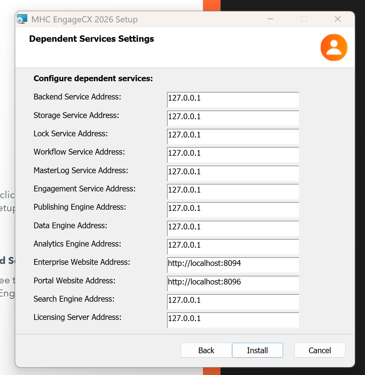 Dependent Services Settings screen (Back-End Server)