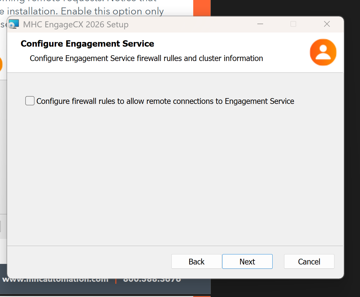 Configure Engagement Service screen