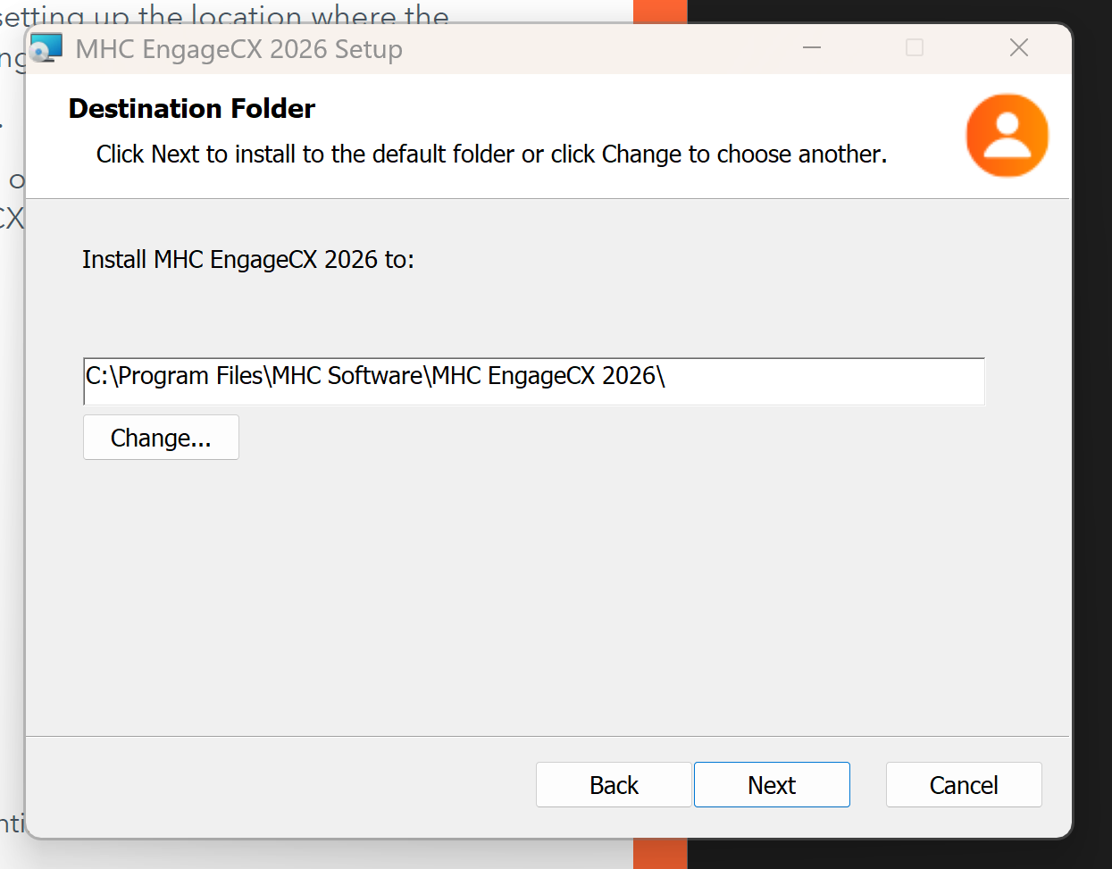 Destination Folder screen