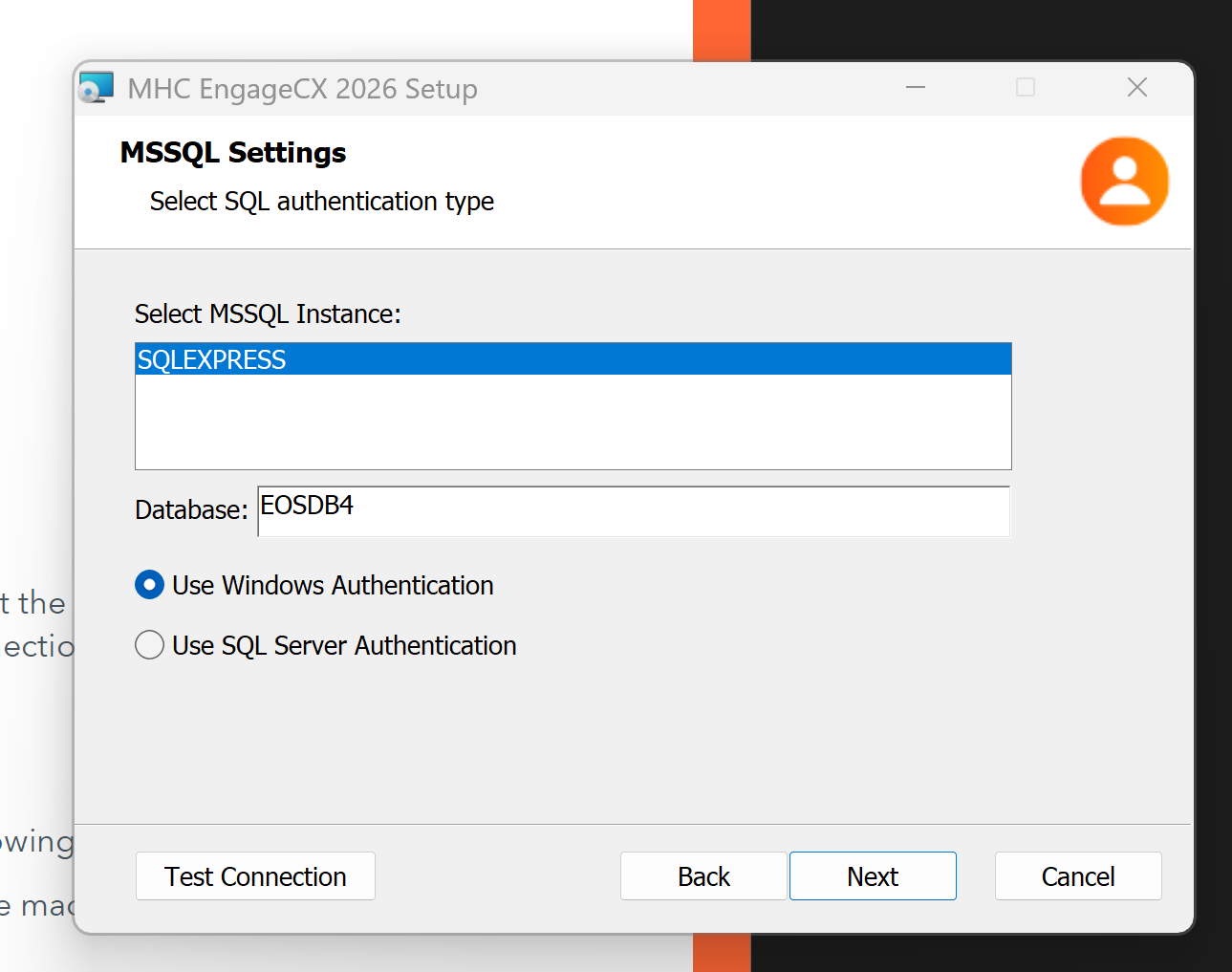 MSSQL Settings screen (Back-End Server)