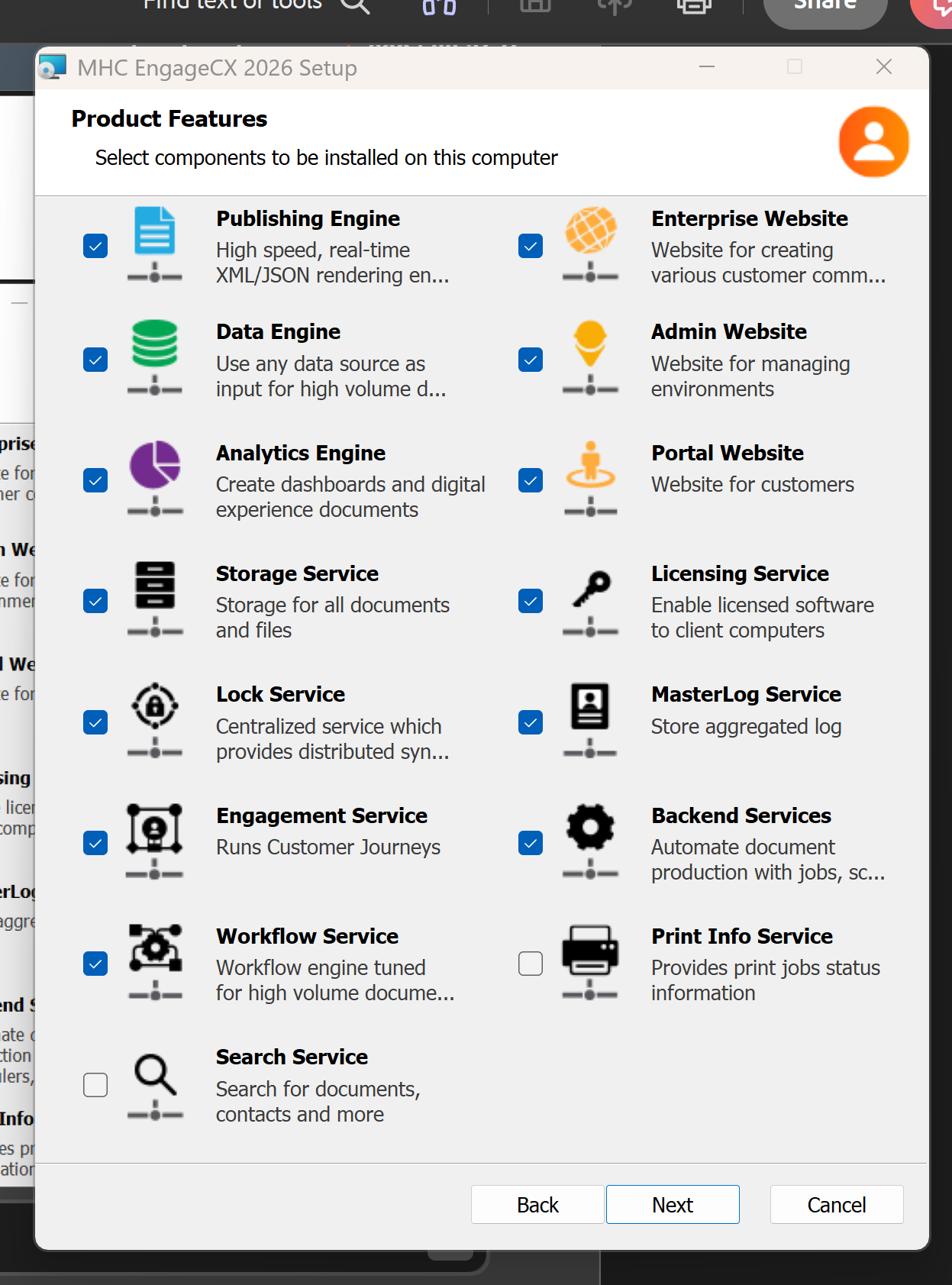 Product Features Selection screen