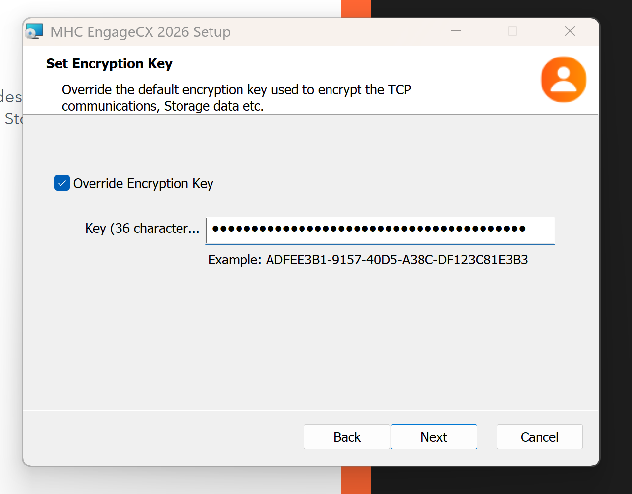 Set Encryption Key screen