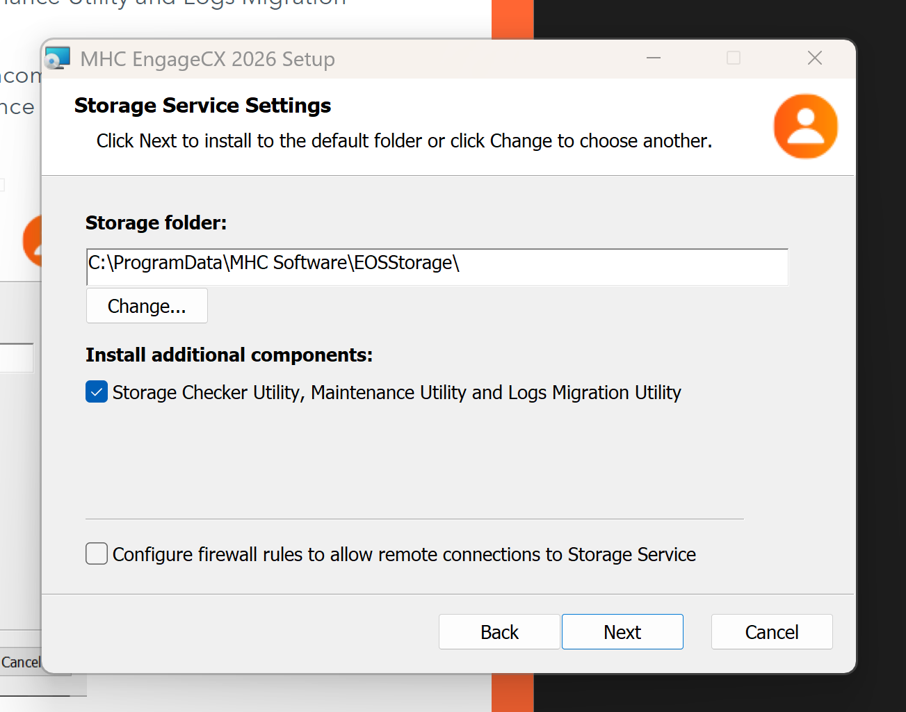 Storage Service Settings screen (Back-End Server)