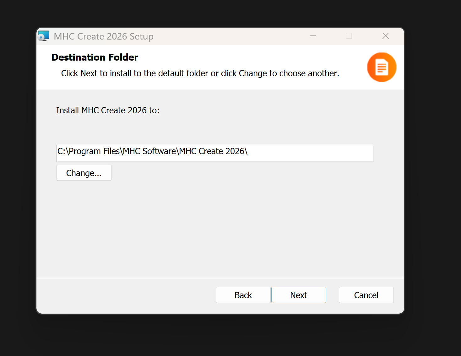 Destination Folder Screen