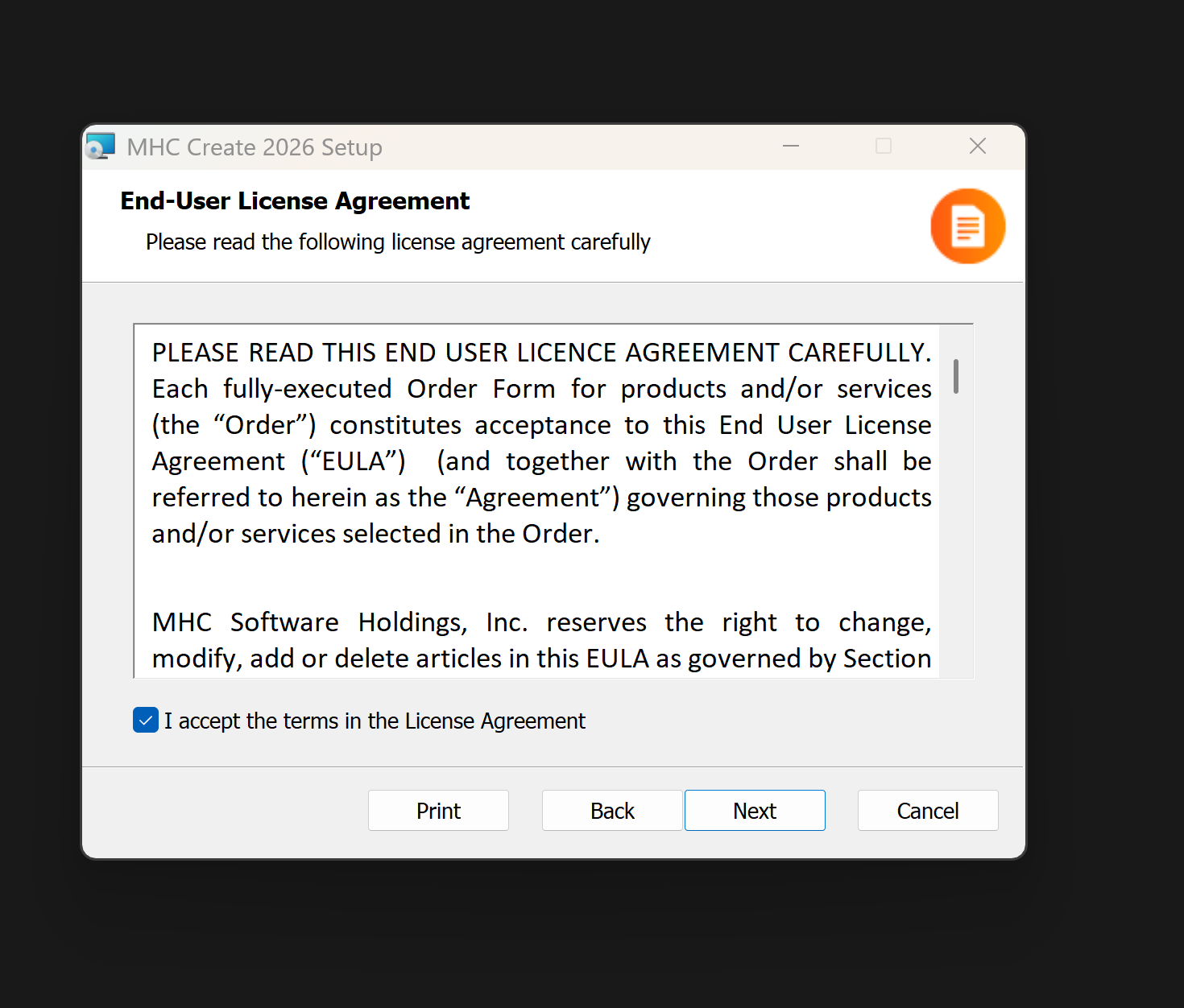 Terms and Conditions Screen