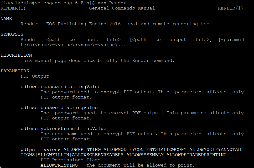 man Render output showing the Render command's name, synopsis, and PDF output parameters