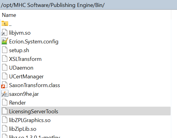 File listing of /opt/MHC Software/Publishing Engine/Bin/ with LicensingServerTools highlighted