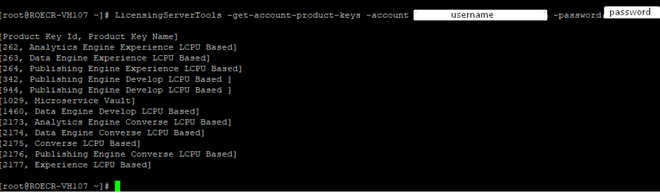 get-account-product-keys output listing product key IDs and names