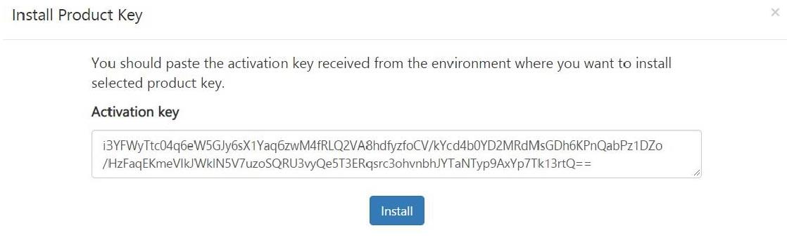 Install Product Key dialog with the activation key pasted in