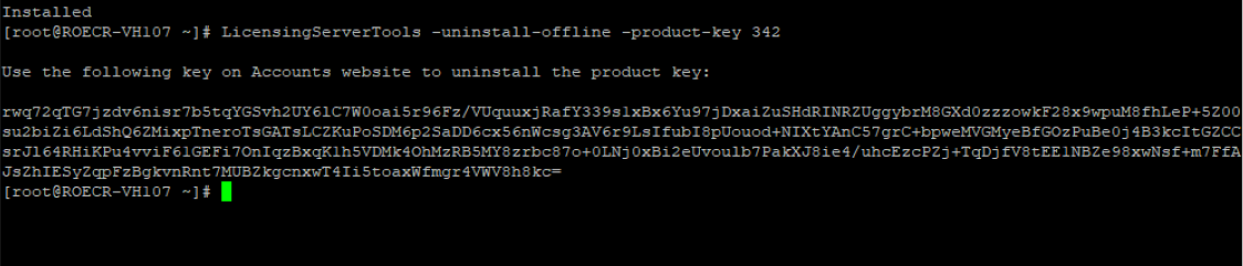 uninstall-offline output showing the key to use on the Accounts website