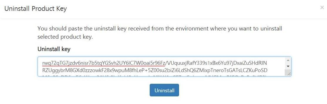 Uninstall Product Key dialog with the uninstall key pasted in