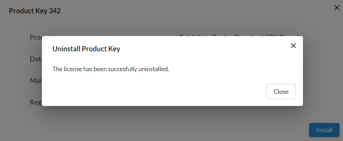 Confirmation message: "The license has been successfully uninstalled."