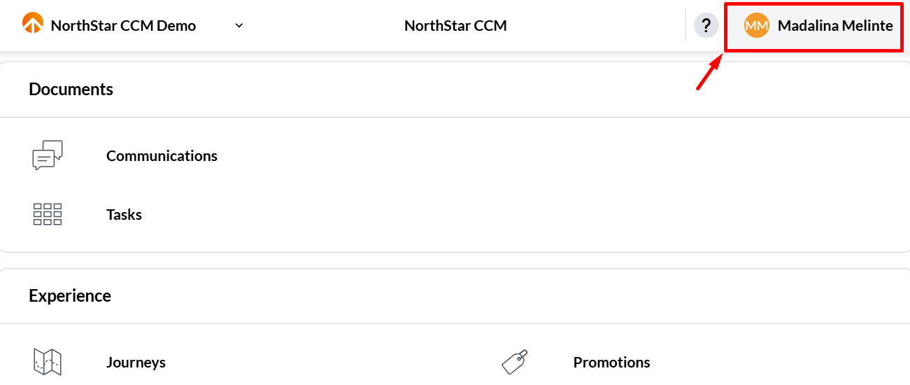 NorthStar CCM home page with the username in the top-right corner highlighted