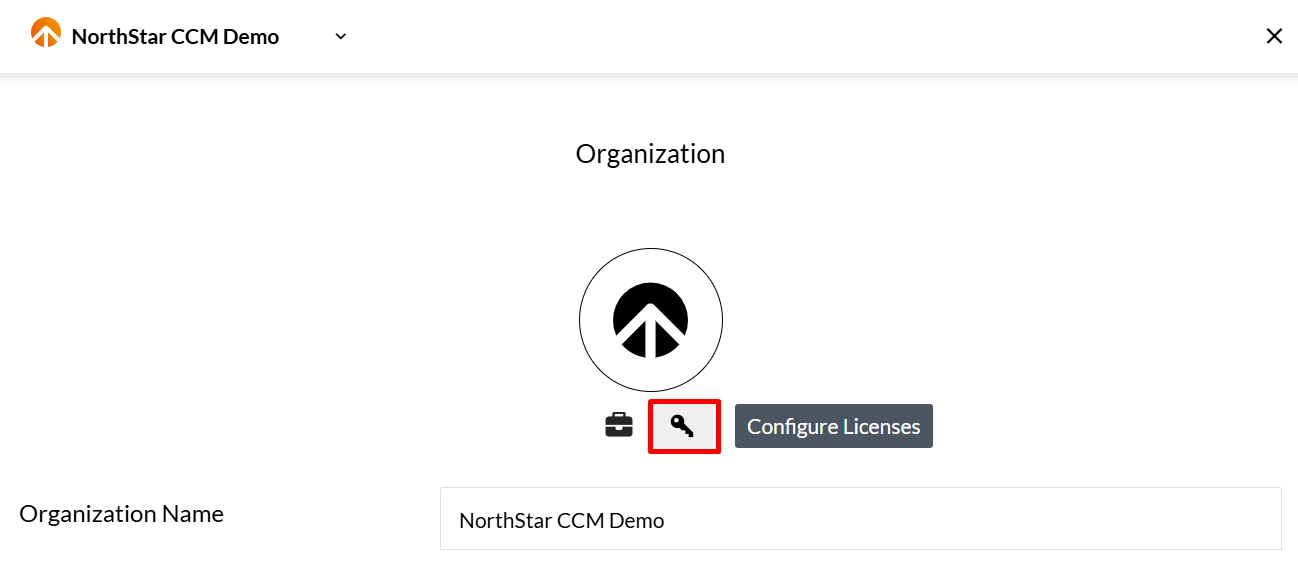 Organization page with the Configure Licenses key button highlighted