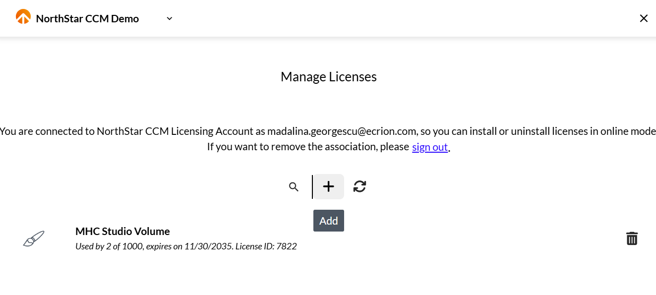 Manage Licenses page connected to the Licensing Account, with the Add button
