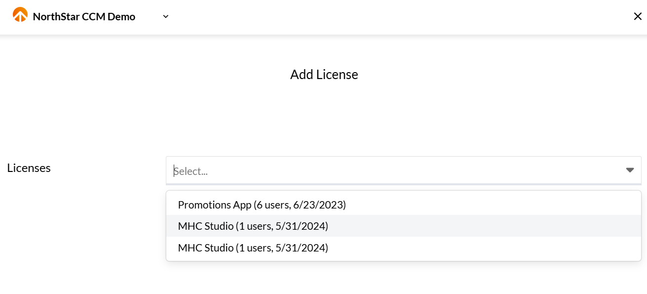 Add License dialog with the Licenses dropdown open