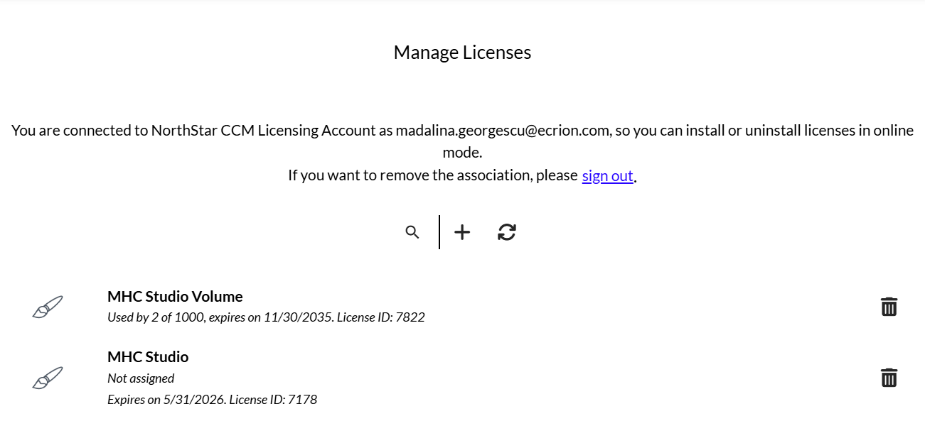 Manage Licenses page listing the installed MHC Studio licenses