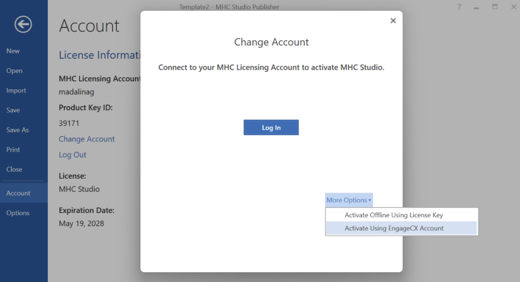 Studio Account page with the Change Account dialog and the More Options menu showing Activate Using EngageCX Account