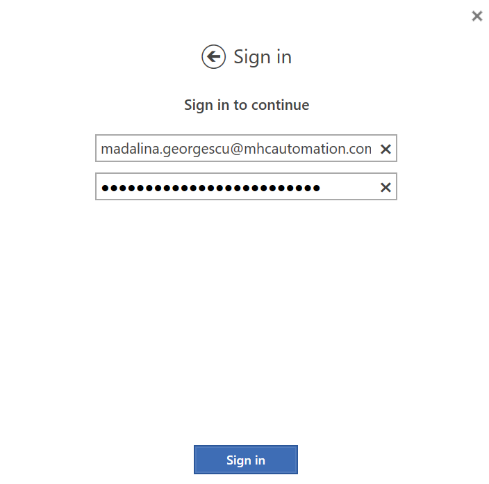 Sign in dialog with the email and password fields completed