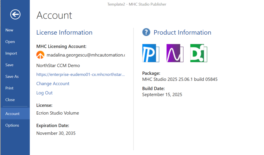 Studio Account page showing license and product information