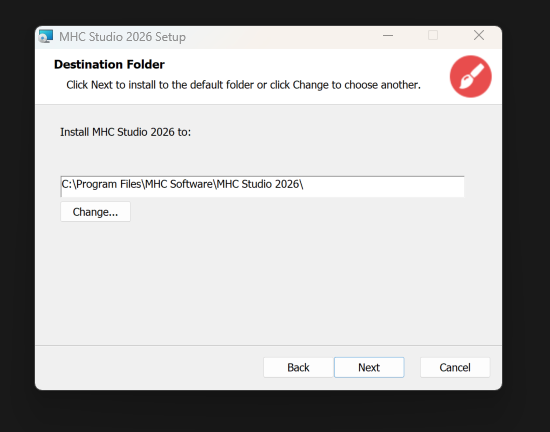 Destination Folder screen
